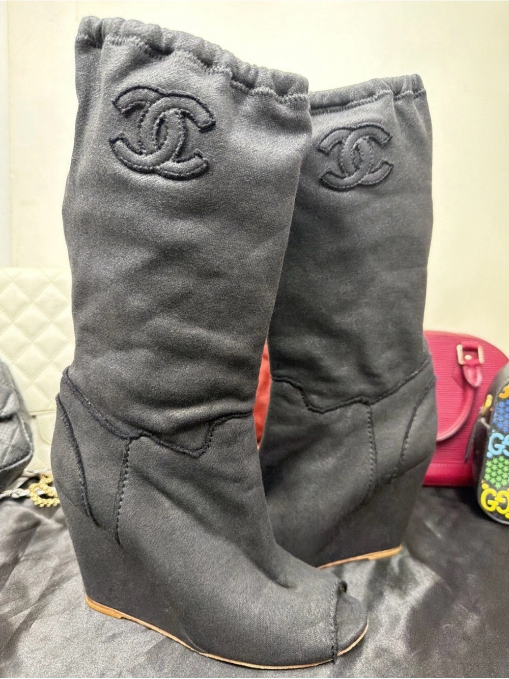 CHANEL Black Jersey Fleece Wedge Mid-Calf Boots